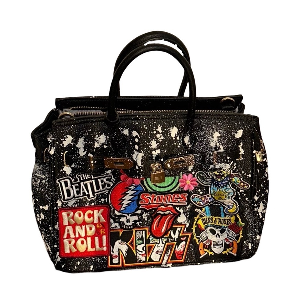 Black Splatter Vegan Leather Handbag w/ Rock N’ Roll Patches